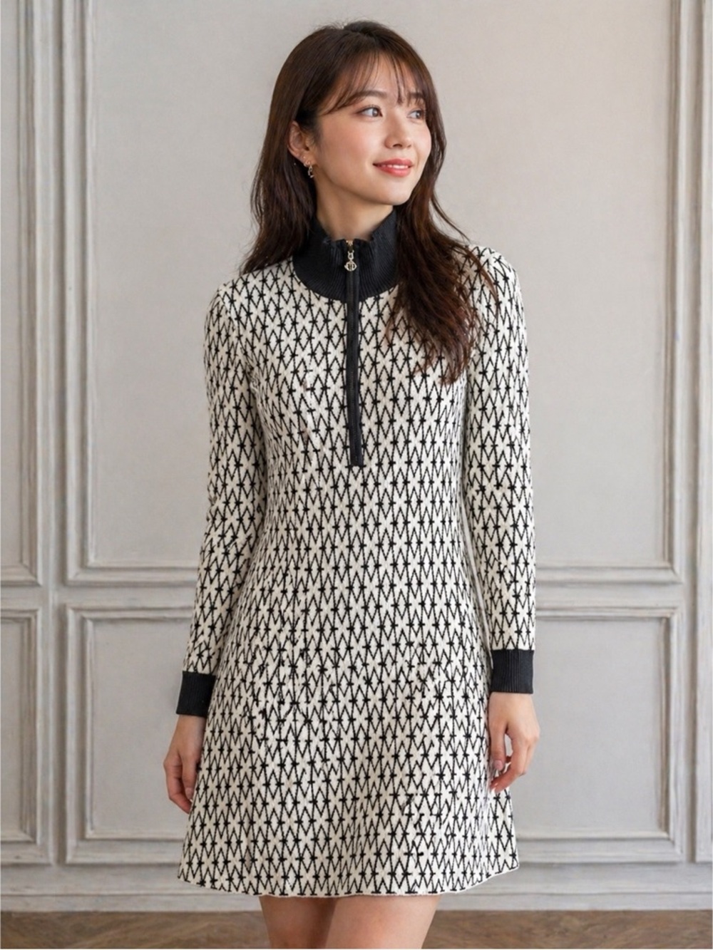 EUC MAJE Black and Cream Patterned Long-Sleeve Knit Dress 40 M Medium 6 8